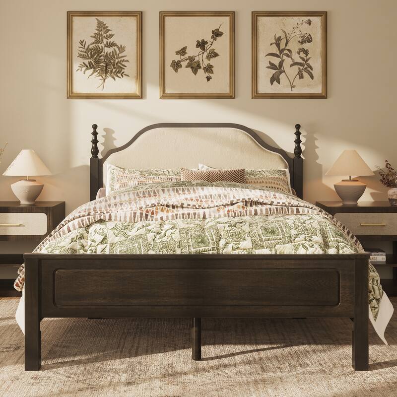Classic Turned Post Wood Bed Frame with Upholstered Headboard, Sturdy Screw-Free Slats and Noise-Free Support - Black