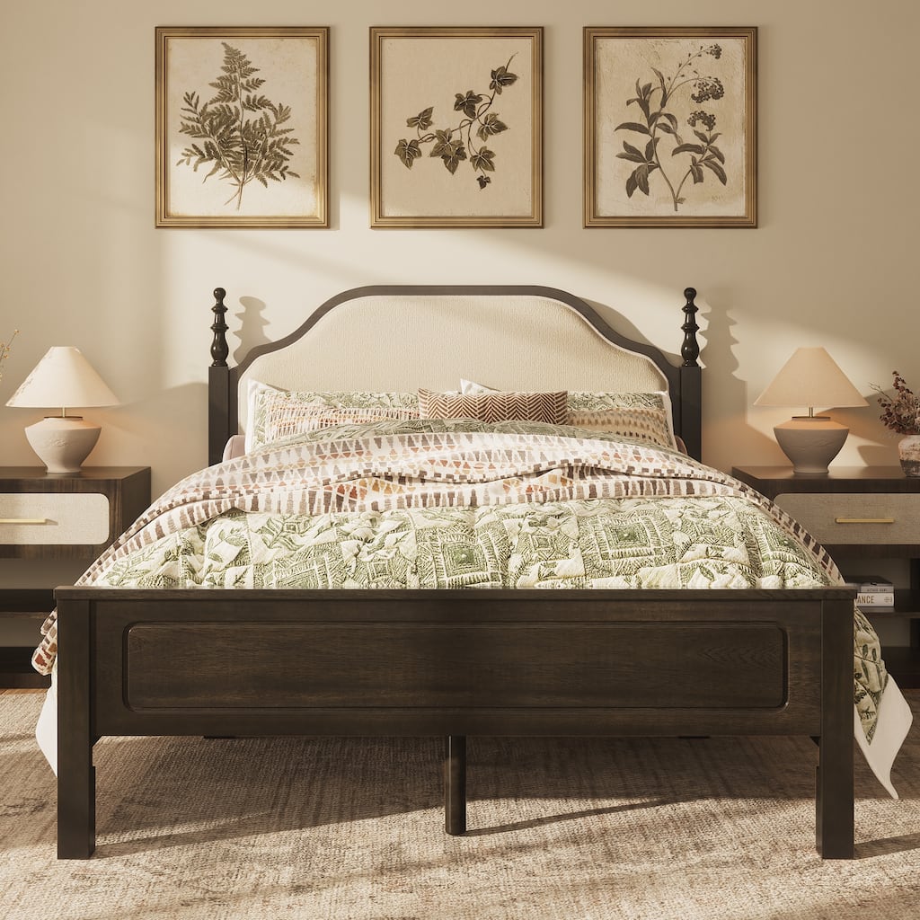 Classic Turned Post Wood Bed Frame with Upholstered Headboard, Sturdy Screw-Free Slats and Noise-Free Support