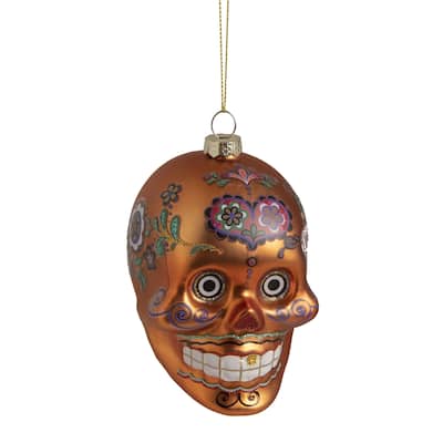 4" Orange Day of the Dead Glass Skull Ornament