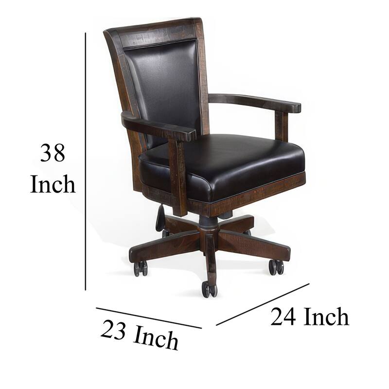 Flint Rolling Swivel Game Chair, Black Faux Leather, Dark Brown Wood