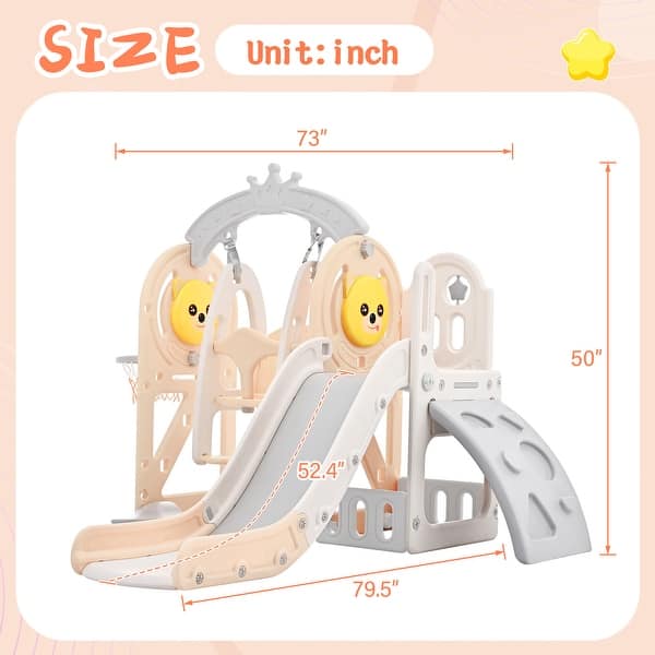 dimension image slide 1 of 3, 5-in-1 Toddler Slide Swing Set Outdoor Indoor Playground Slide Playset With Climber Basketball Hoop