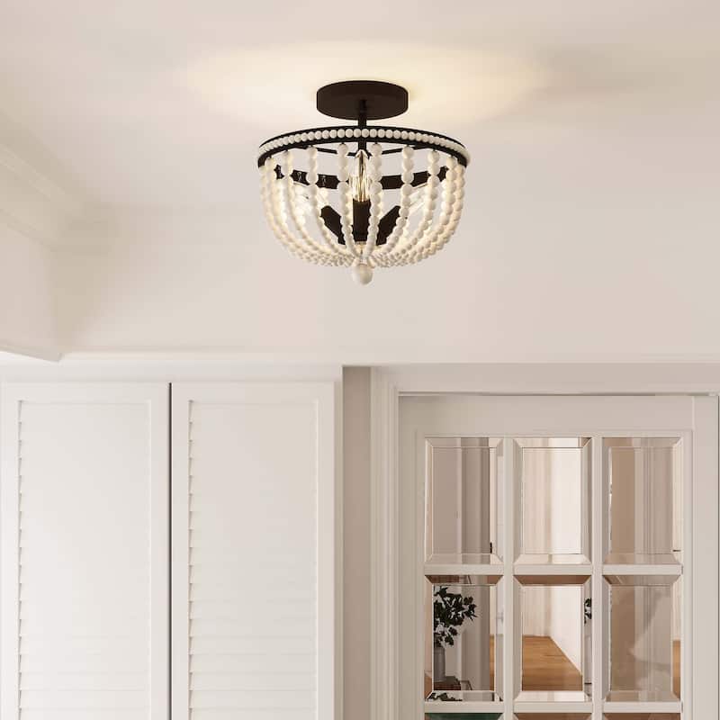 Cauhu 3-light Farmhouse Coastal Wood Beaded Semi Flush Mount Ceiling Lights -UL