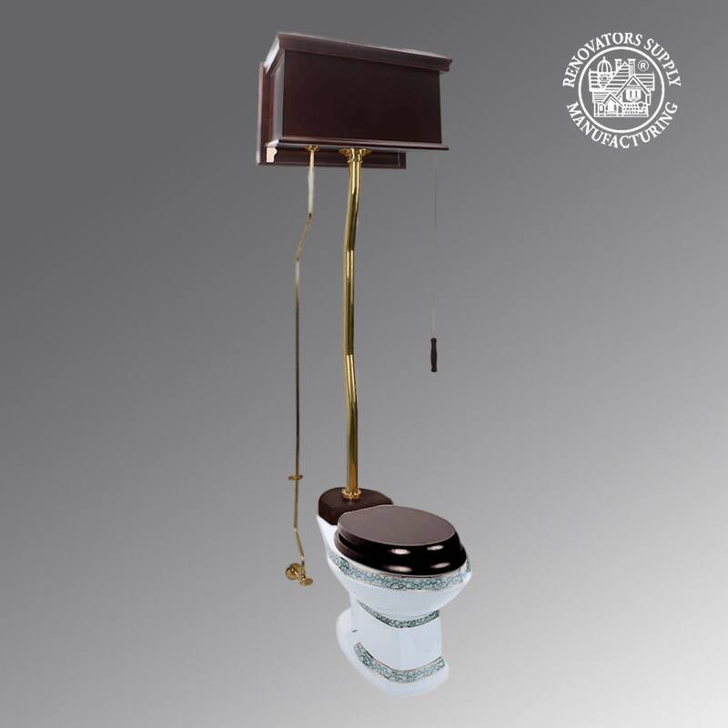 High Tank Pull Chain Toilet Dark Oak Wooden Flat Tank 59" to 74" Brass Z Pipe and Elongated White Bowl Renovators Supply