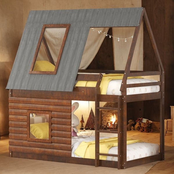 slide 2 of 9, Twin House Bunk Bed with Roof, Ladder and 2 Windows, Oak & Smoky Grey Oak