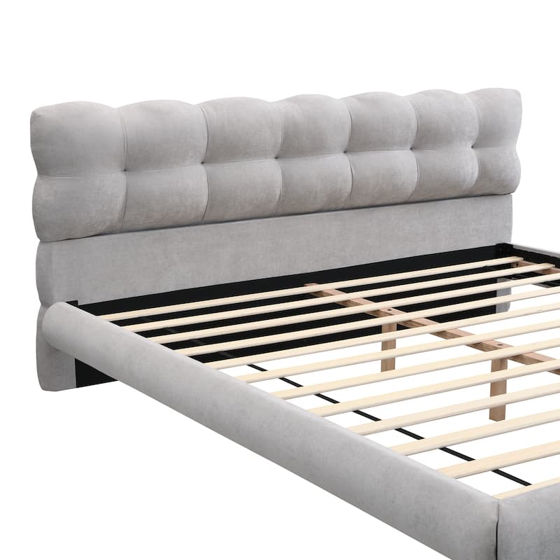Curved Frame Platform Bed with Cookie-Shape Headboard, Upholstered Bed