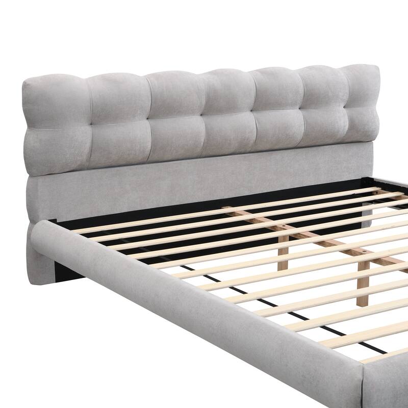 Grey Platform Bed Frame with Cookieshaped Headboard Upholstered Wingback Bed, Low-Profile Grounded Bed with Round Wood Legs