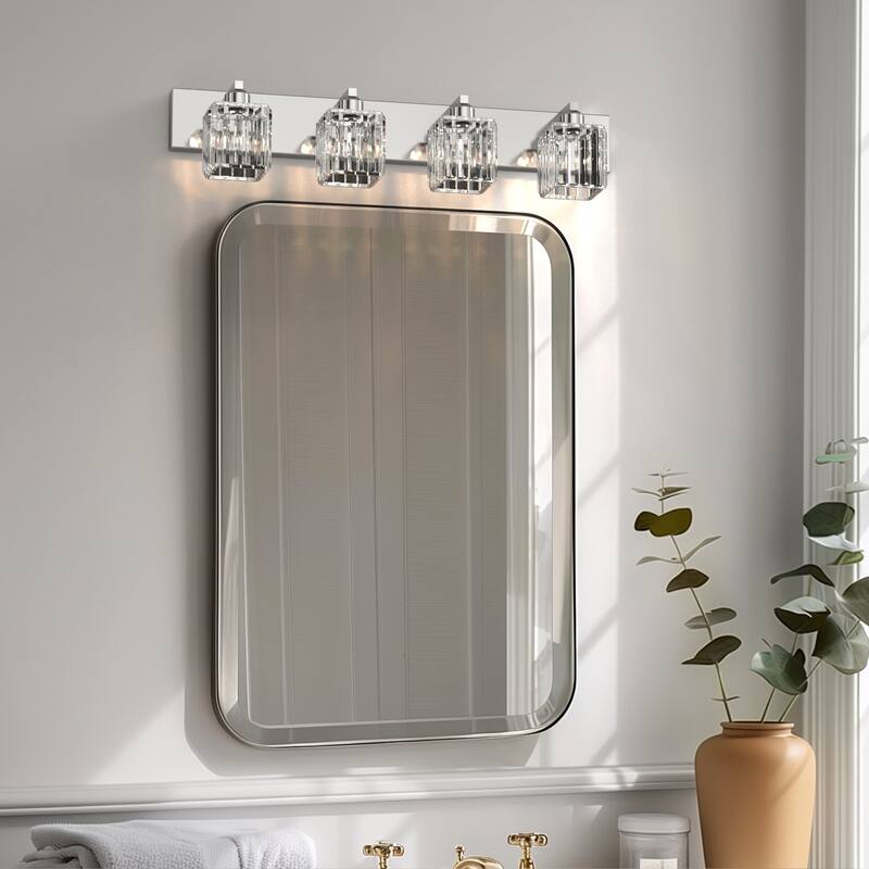 YANSUN 4-Light Vanity Light Fixture with Square Chrome Frame and Crystal Shades