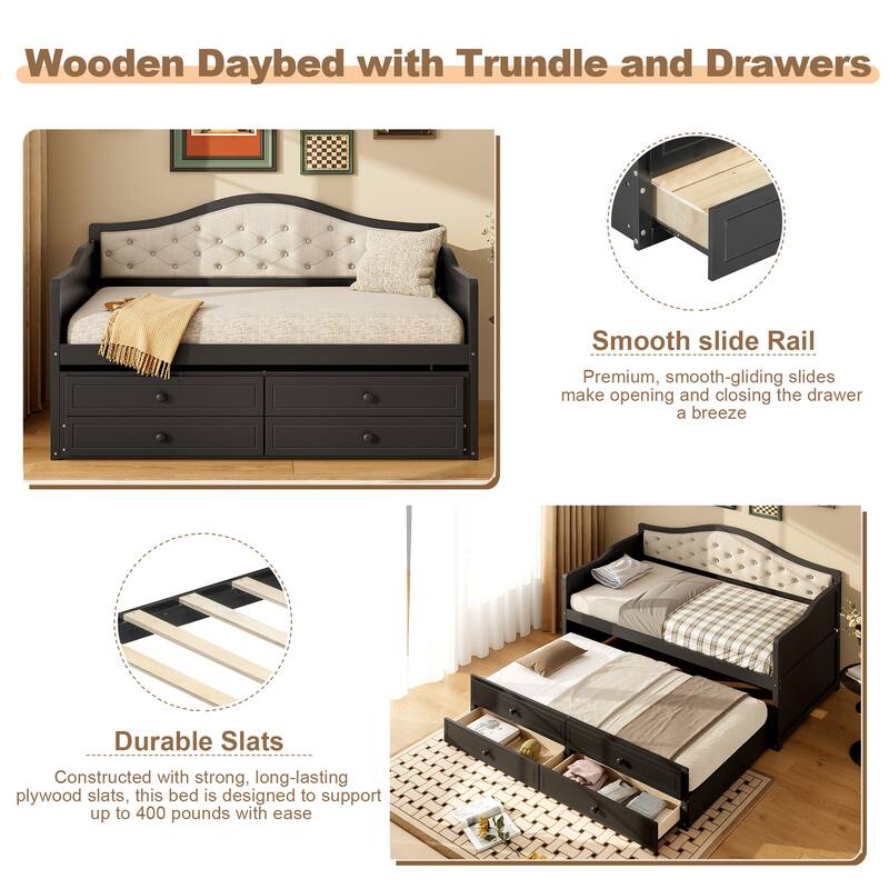 Wooden Frame Day Bed, Twin Size Daybed with Trundle Bed, Upholstered Tufted Button Backrest Sofa Bed with 2 Storage Drawers
