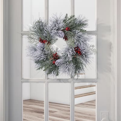 14" Frosted Pine Cone Fresh Berry Wreath - Frosted Red - 14-Inch