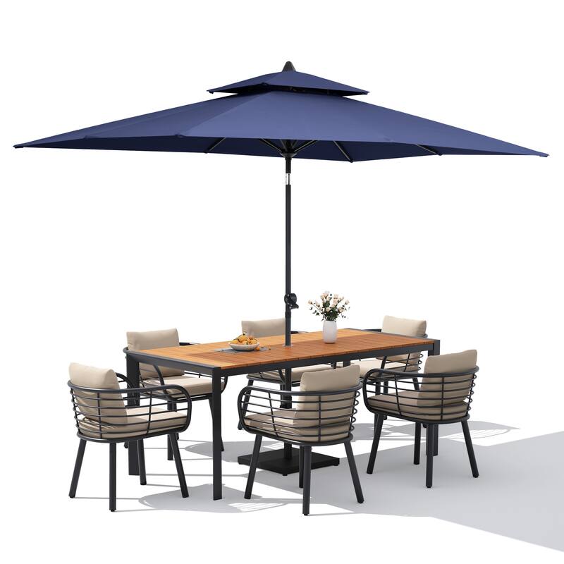 9/11-Piece Outdoor Patio Dining Set w/10 ft Umbrella and Base Aluminum Dining Table and Dining Chairs with Sunbrella Cushions
