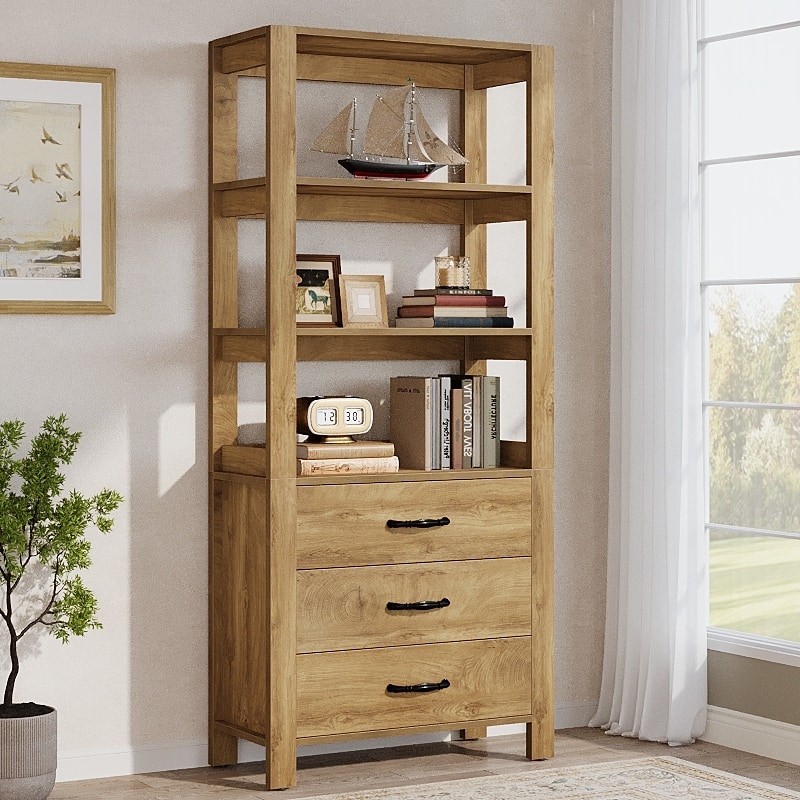 70.9" Tall Bookcase Bookshelf with 3 Drawers and 3-tier Open Shelf - 13.78" D x 31.5" W x 70.9" H - Natural Brown