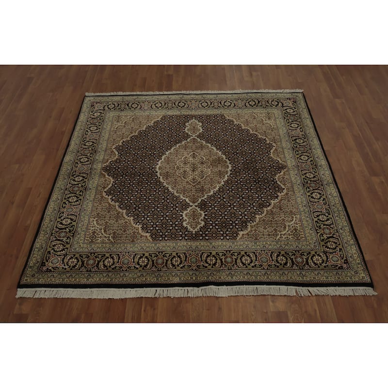 Hand Knotted Oriental 100% Wool Carpet Traditional Floral Black Tabriz-Mahi Area Rug - 6' 7'' X 6' 5''
