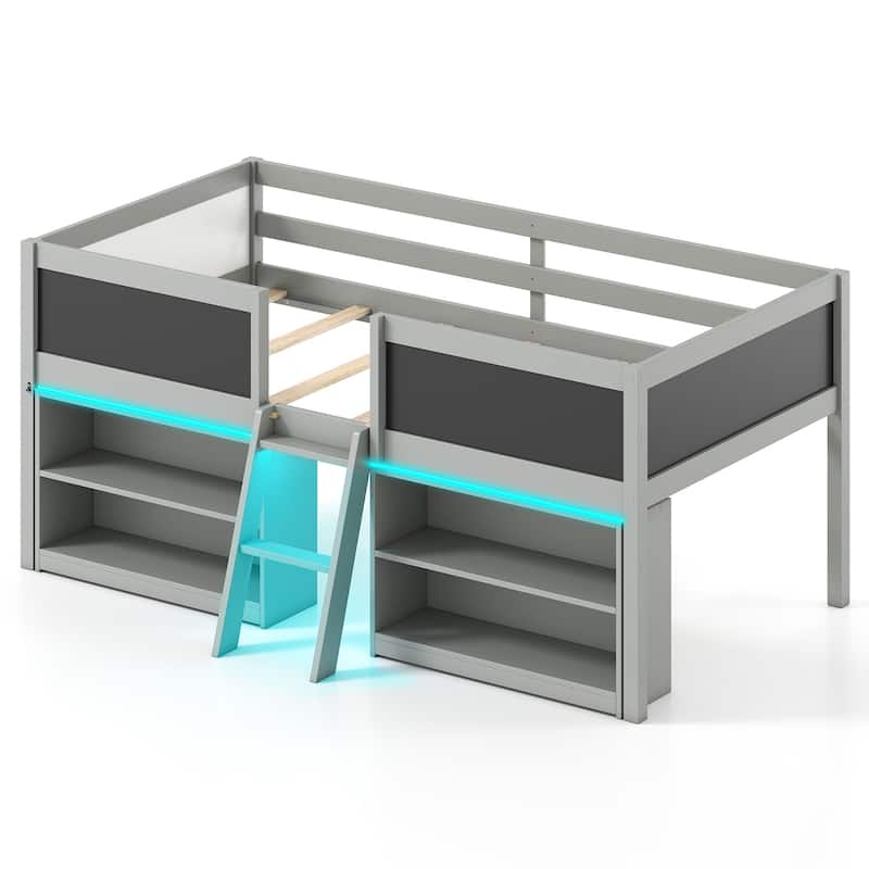 Twin Size Low Loft Bed with LED Lights and Storage Shelves Chalkboards Guardrails and Ladder
