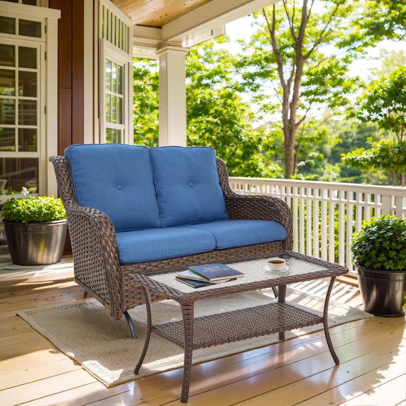 Outdoor Patio Loveseat with Table Brown Wicker - Blue cushion - Blue - Brown