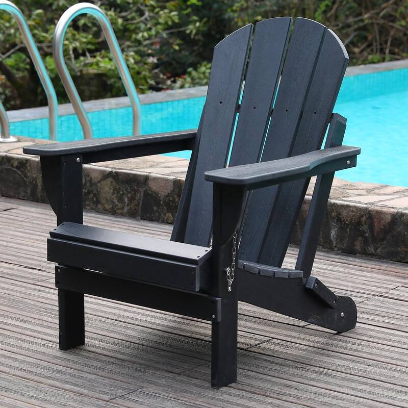 Adirondack Folding Chair with Dual Cup Holders - HDPE All-Weather Outdoor Chairs, Wood-Like Patio Chair for Backyard, Camping - Black