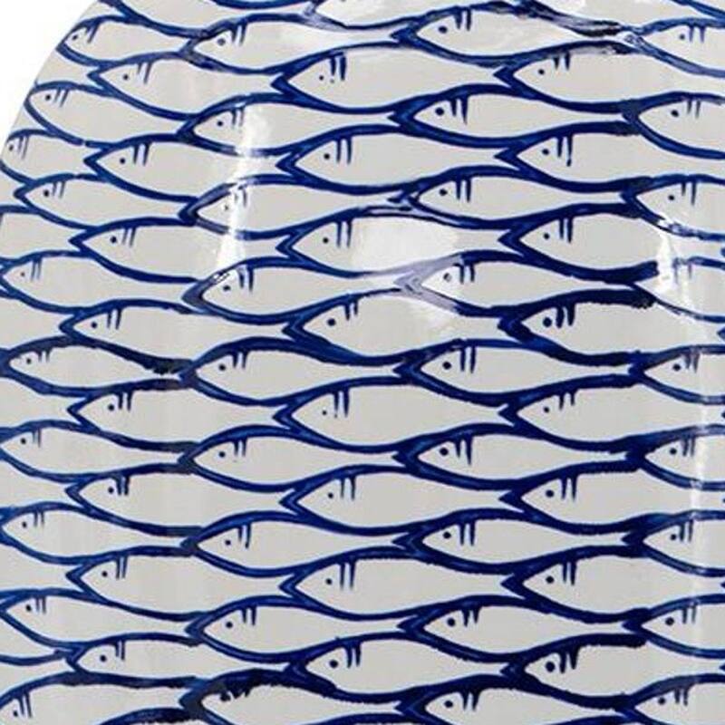 16" Blue And White Fish Print Oval Ceramic Table Vase - 11.80
