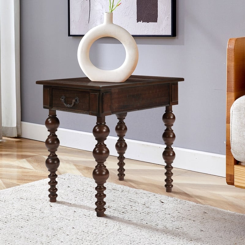 Retro 24" Solid Wood End Table with Drawer Easy Assembly Vintage Narrow Sofa Side Table for Living Room