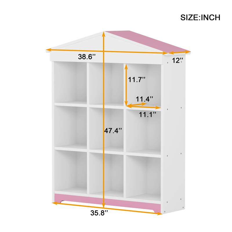House shaped Storage Rack with Nine Storage Compartments,Three layer Bookshelf with Colorblock Design