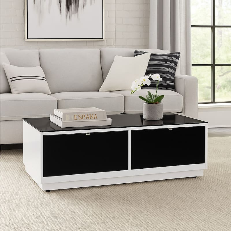 Tonny Cocktail Coffee Table, 2 Drawer, Black Glass, Rectangular White