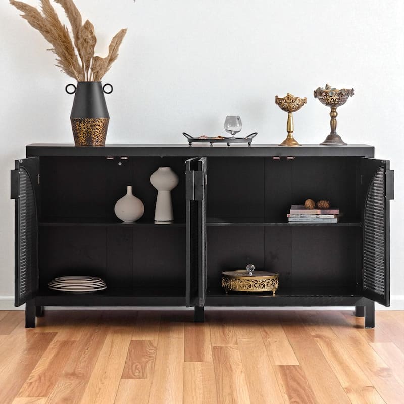 Modern Sideboard Buffet Cabinet with Rattan Doors, 58" Storage Console Cabinet with Adjustable Shelves for Entryway or Kitchen