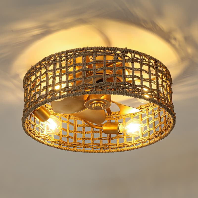 17.7" Natural Corn Straw Rope Gold Fandelier Flush Mount Ceiling Fan with Remote and App