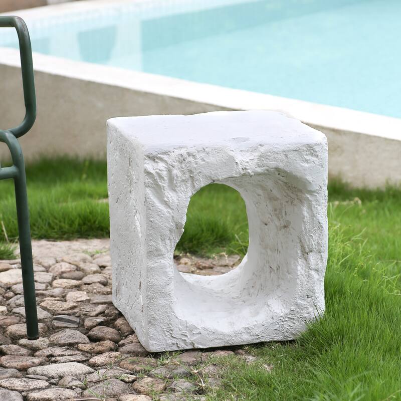 Roomfitters Lyra Outdoor Karst Cave Inspired Side Table with Organic Texture, Weather Resistant MGO, White - White