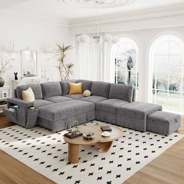 L shaped Padded Modular Sofa with Storage Space USB Ports and Cup Holders on the Armrests Suitable On Sale Bed Bath Beyond 40634805