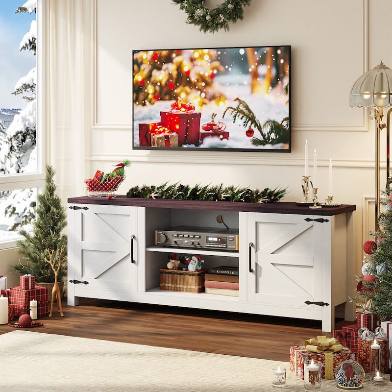 EROMMY Solid Wood TV Stand, Modern Entertainment Center with Glass Doors & Adjustable Shelves.