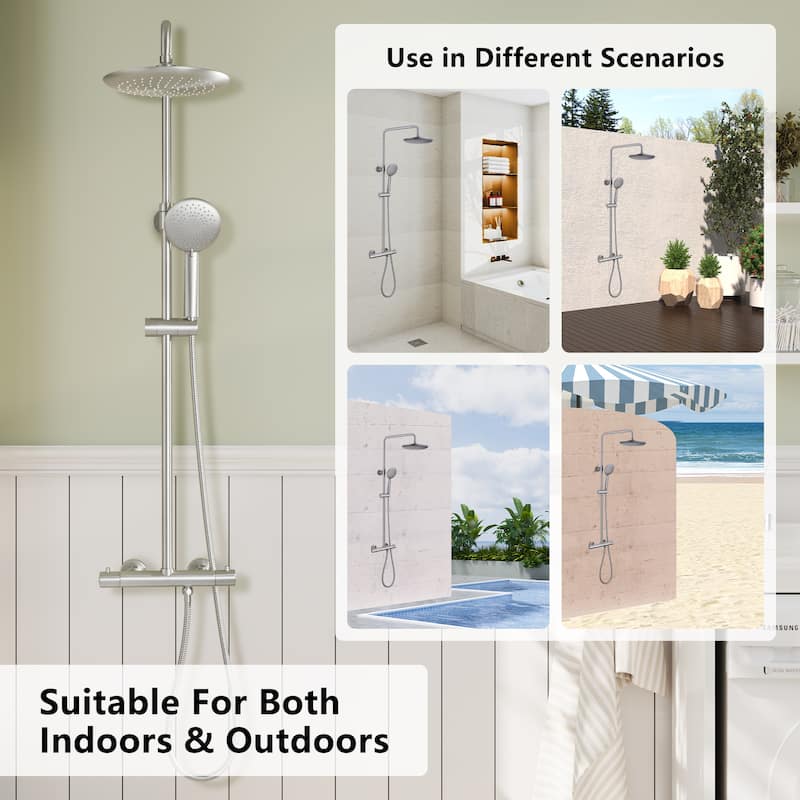5-Spray Patterns Thermostatic Rain Shower Faucet Wall Mount Dual Shower Heads and Handheld Shower Head - 9.5" x 9.5"