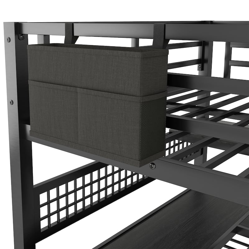 Full Size Loft Bed with Staircase and Wardrobe with Desk, Storage Shelves, LED Lights and Charge Station,Black