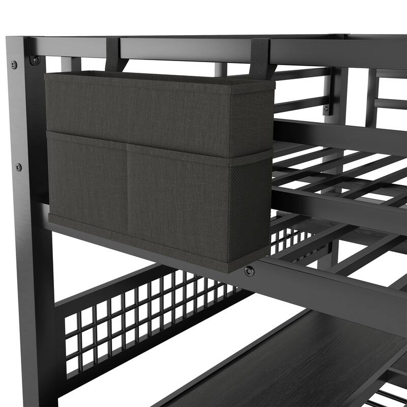 Full Size Metal Loft Bed with Staircase and Wardrobe, Loft Bed Frame with Desk, Storage Shelves, LED Lights and Charge Station