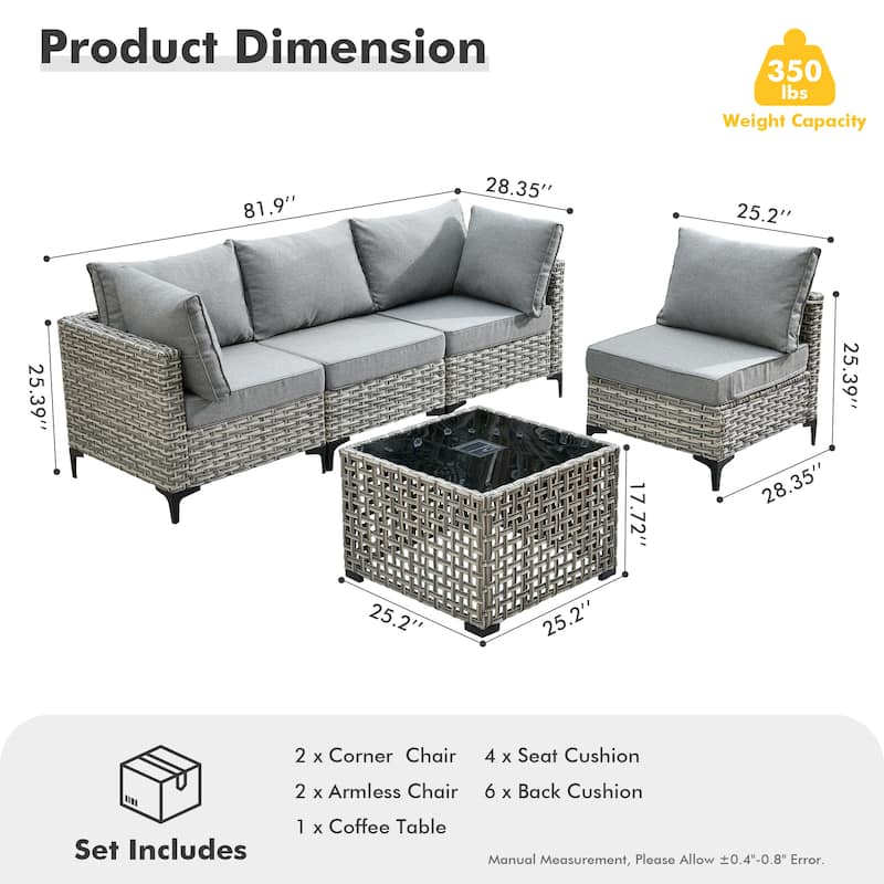 OVIOS 5 Pieces Outdoor Wicker Furniture Set With Solar-Powered Coffee Table