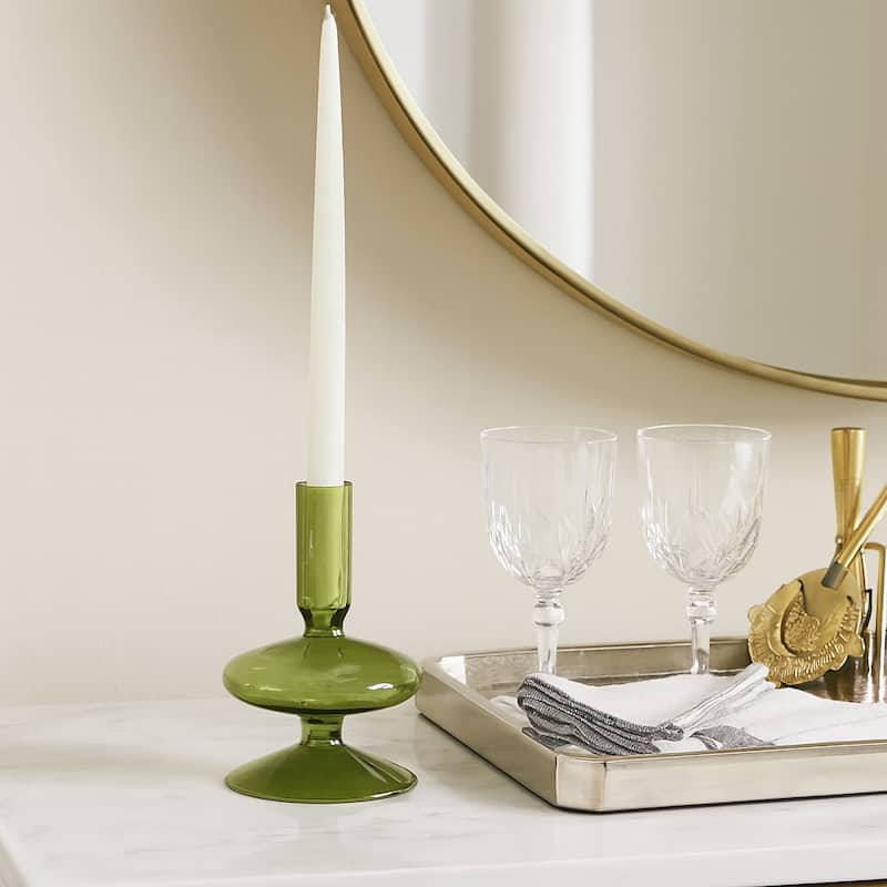 Sculptural Glass Candle Holder with Rounded Accent Base - Modern Tabletop Candle Holder for Any Room - 3" x 3" x 5" - Olive