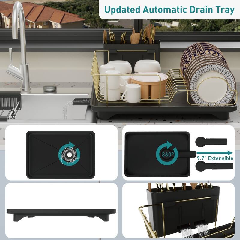 Dish Drying Rack for Kitchen Countertop, Gold Stainless Steel Dish Drainer with Drain Board, Utensil Holder & Anti-Slip Feet
