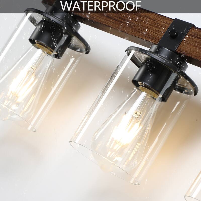 35" Rustic 5-Light Vanity Light, Industrial Bathroom Wall Sconce with Glass Shades and Wood Accent (No Bulbs) - Walnut