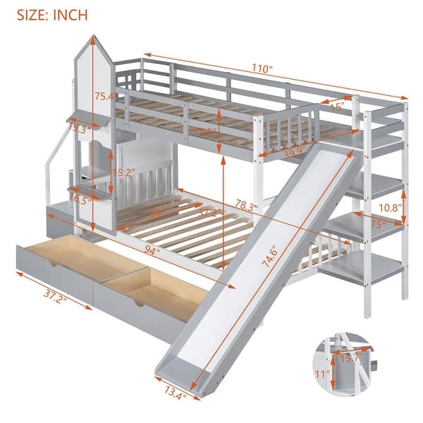 dimension image slide 2 of 4, Castle Style Bunk Bed w/2 Drawers, 3 Shelves & Slide