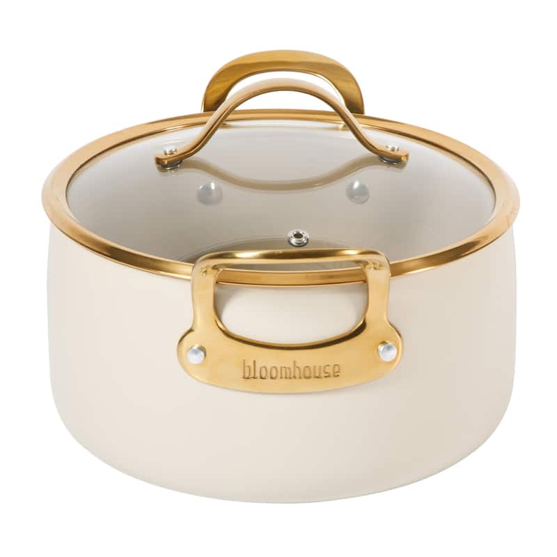 Bloomhouse 6 Quart Heavy Duty Aluminum Premium PFA Free Ceramic Nonstick Dutch Oven Pot with Lid - Almond Cream with Gold Handle