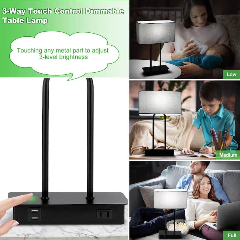 Bedside Touch Control Table Lamp with Dual USB Charging Ports 1 AC Outlet, 3 Way Dimmable Modern Nightstand Lamp