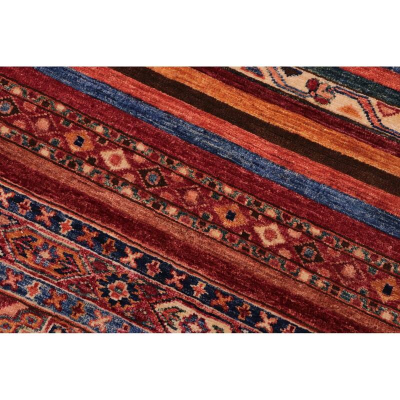 Tribal Khurgeen Helaine Red/Blue Hand-knotted Wool Rug - 5'6 x 7'10 - 5'6'' x 7'10''