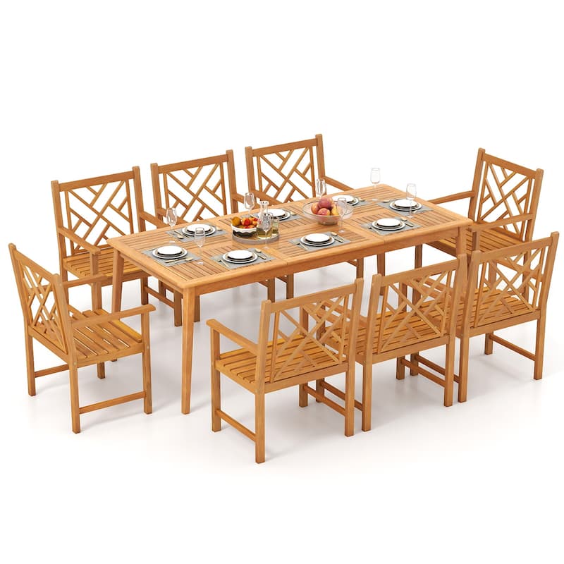 Gymax 9-Pieces Patio Dining Table Set w/8 Chairs Slatted Tabletop