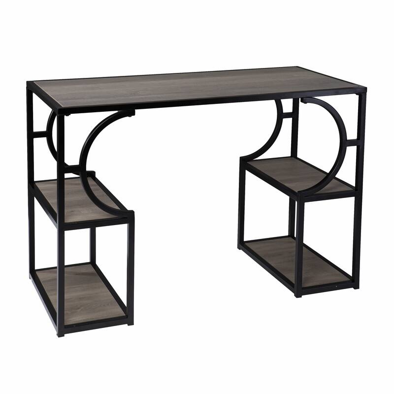 Tyberton Gray and Black Writing Desk with Storage 4 Open Shelves, Modern Pedestal Base, MDF Construction - Grey and Black