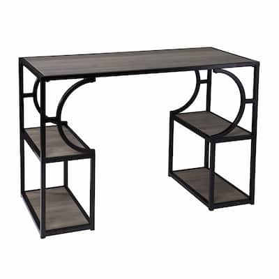 Tyberton Gray and Black Writing Desk with Storage 4 Open Shelves, Modern Pedestal Base, MDF Construction