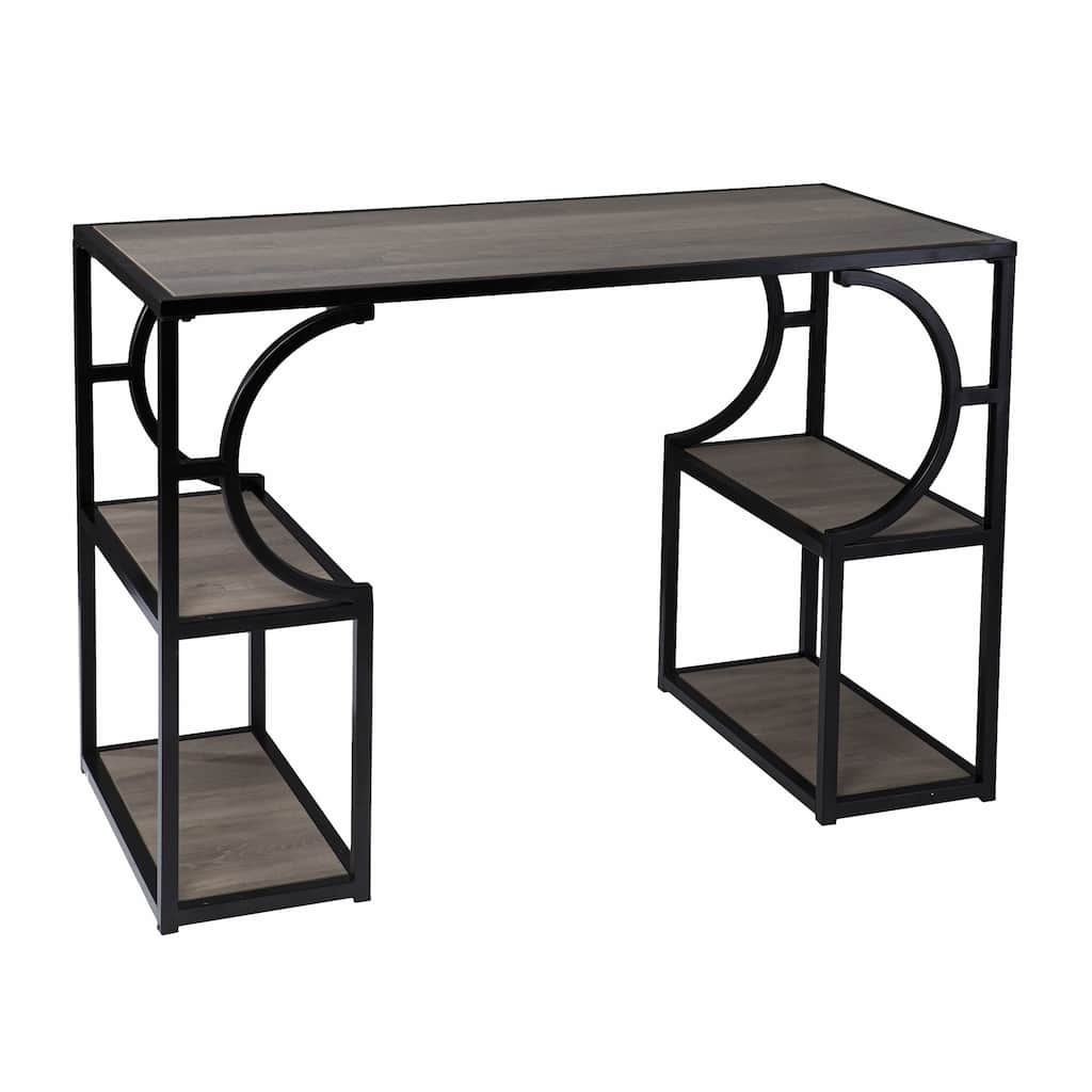 Tyberton Gray and Black Writing Desk with Storage 4 Open Shelves, Modern Pedestal Base, MDF Construction