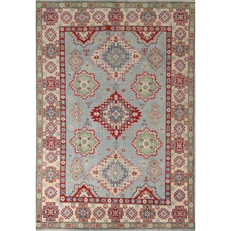 Light Blue Traditional Kazak Area Rug Hand-Knotted Wool Carpet - 6'9" x 9'4"