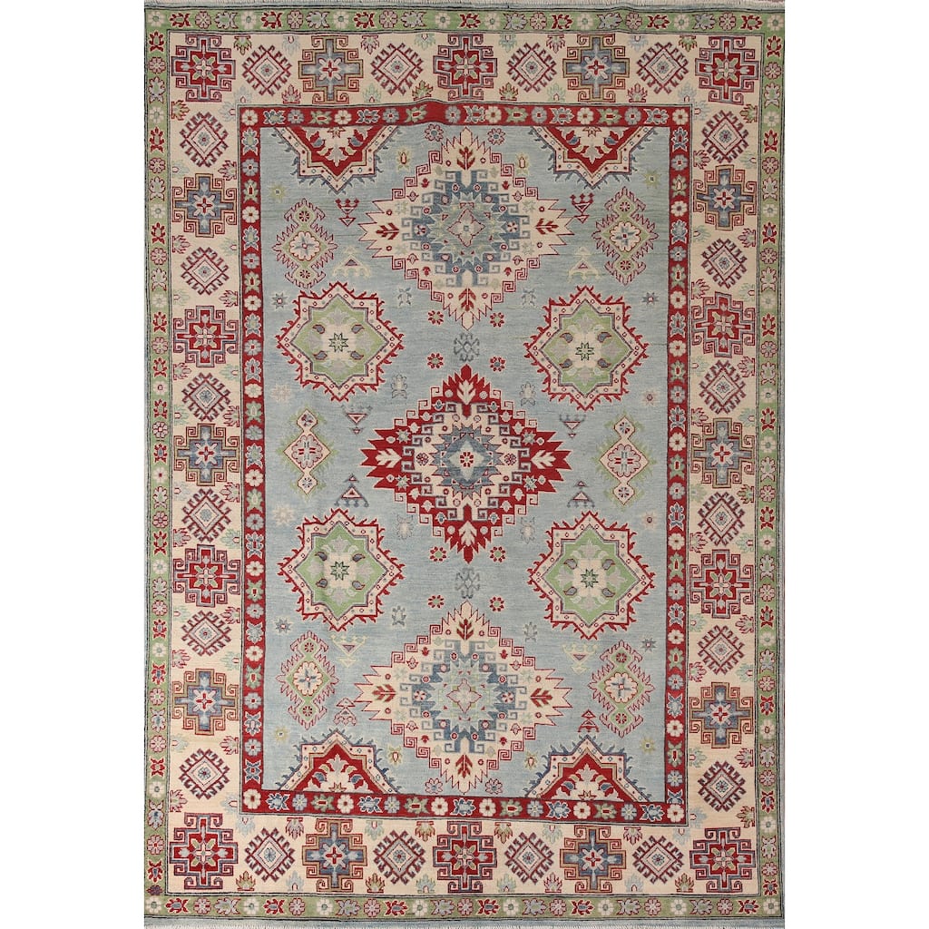 Light Blue Traditional Kazak Area Rug Hand-Knotted Wool Carpet - 6'9" x 9'4"