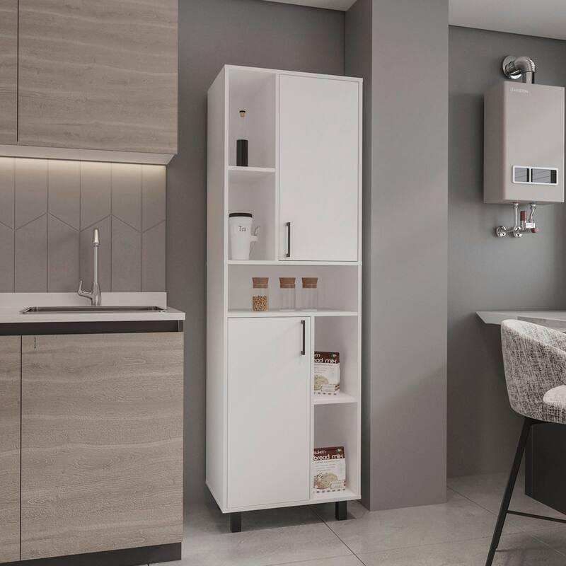 Pantry Cabinet With Two Doors And Multiple Storage Compartments - White