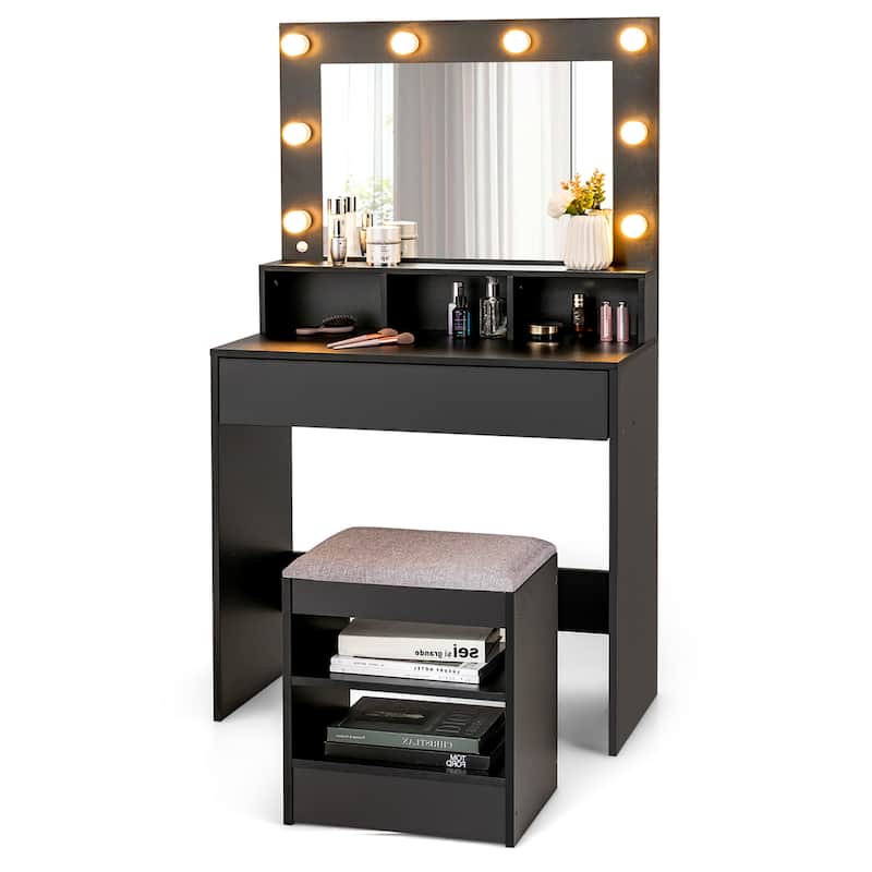 Costway Vanity Table Set with Lighted Mirror 8 LED Bulbs Large Drawer - See Details