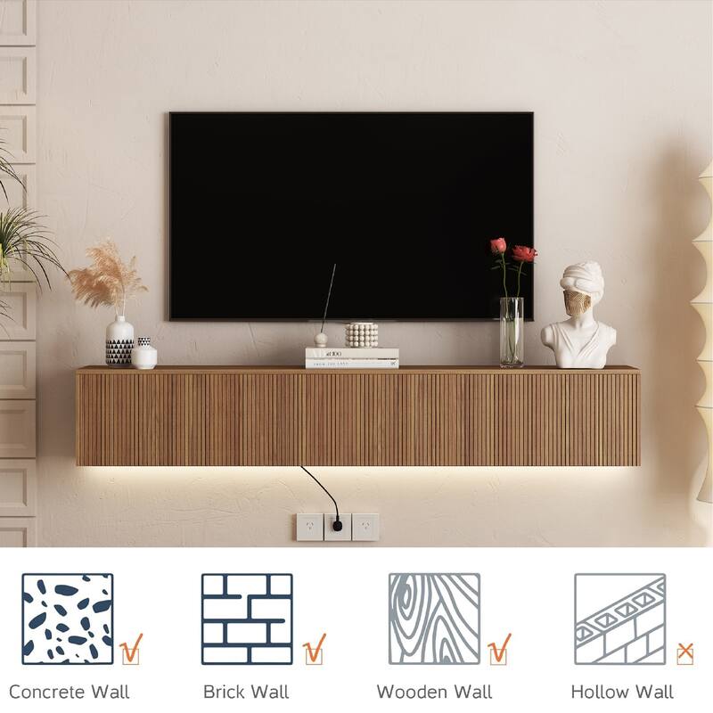 69" Floating TV Stand Wall Mounted with 16 Color LED Lights, Modern TV Cabinet for 55-65 Inch TVs