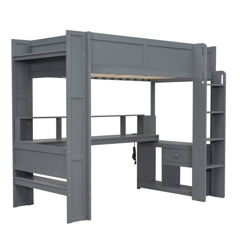 Wood Twin/Full Size Gaming Loft Bed with Bulit-in Desk and Multi-storage Shelves, Kids Loft Bedframe with LED & Charging Station