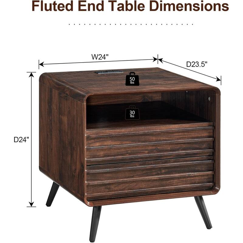 Mid Century Modern Nightstand with charging station, Wood End Table